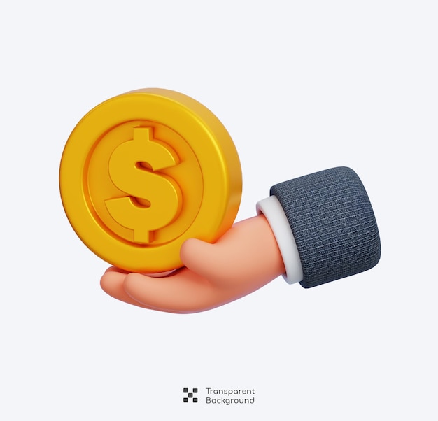 hand holding big golden dollar coins isolated money investment and business commerce 3d render