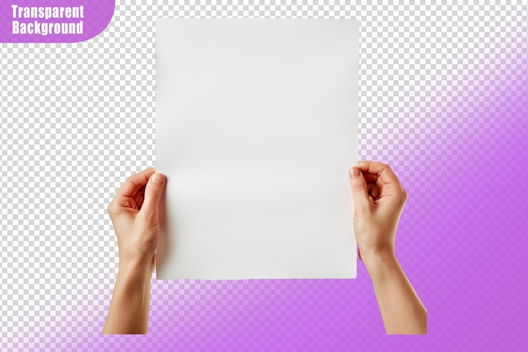 PSD hand holding blank paper sheet isolated on transparent background