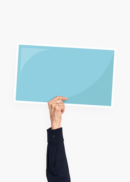 PSD hand holding a blue rectangle cardboard