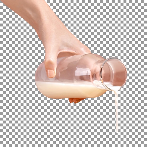 PSD una mano che tiene una bottiglia di latte con un liquido trasparente che si versa su uno sfondo trasparente