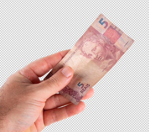 Mano che tiene la banconota da dieci reais brasiliana png sfondo trasparente