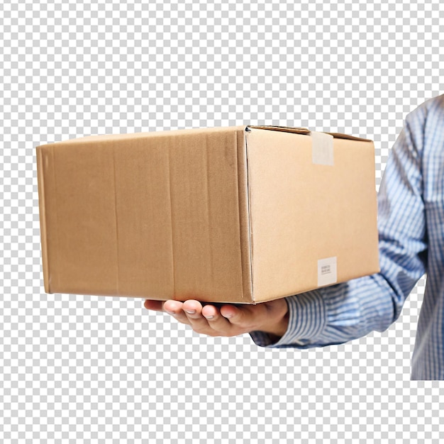 Hand holding cardboard box isolated on white background