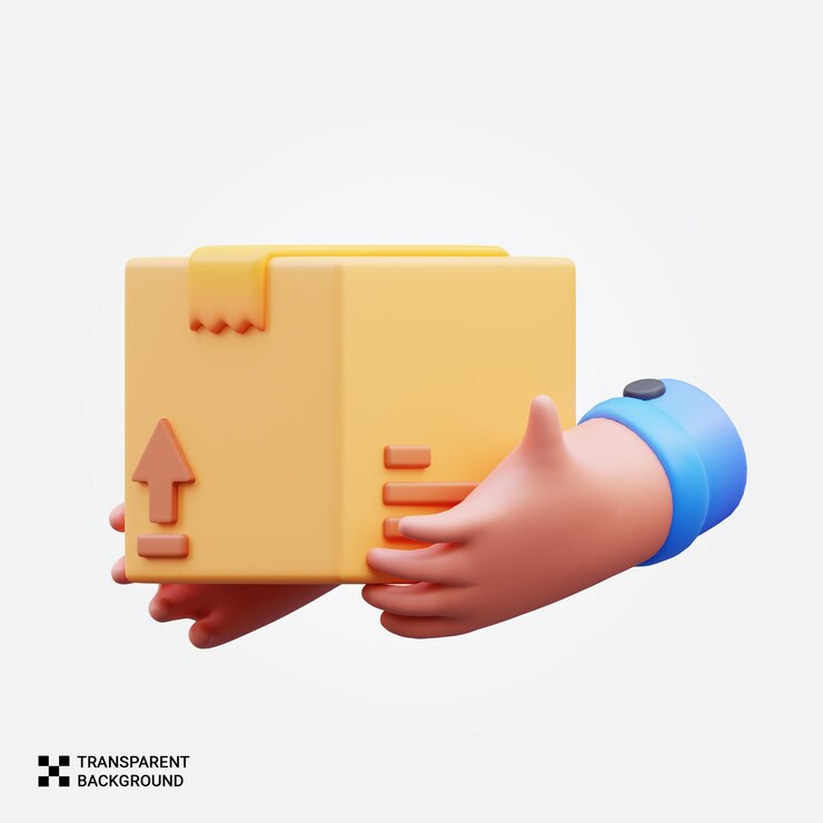 PSD hand holding a cardboard box with an up arrow representing delivery and shipping