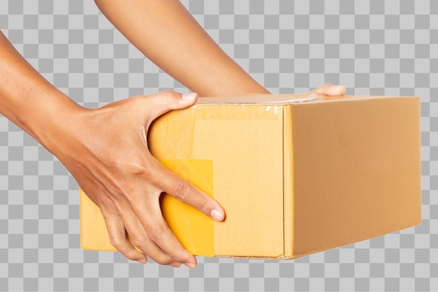 PSD hand holding cardboard boxes