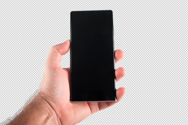 Рука держит мобильный телефон с черным экраном PNG