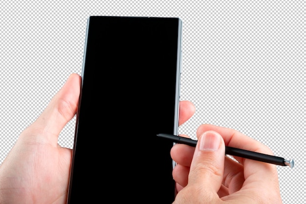 Hand holding cellphone with black screen PNG