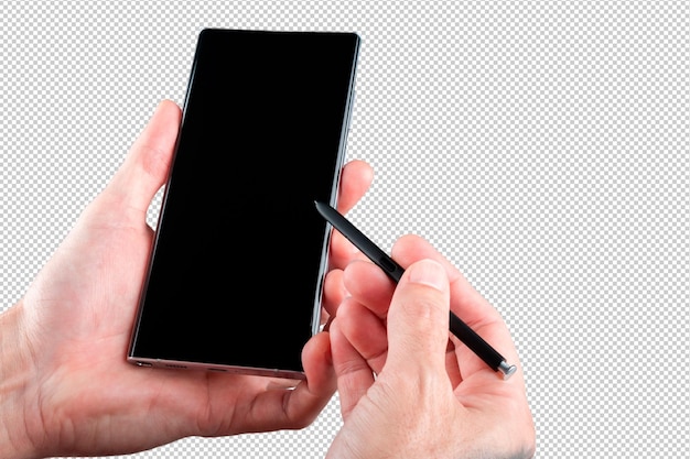 Hand holding cellphone with black screen PNG