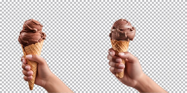 Hand holding chocolate ice cream cone isolated on transparent background png