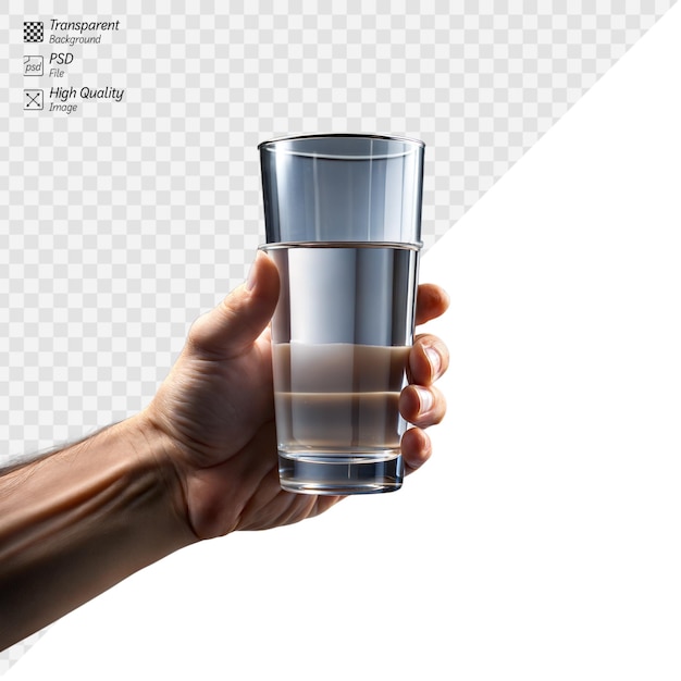 Hand holding a clear glass of water on a transparent background