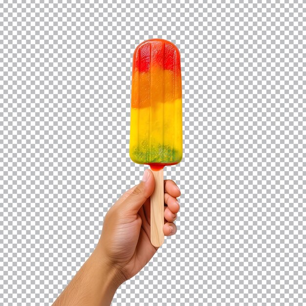 A hand holding colorful popsicle isolated on transparent background