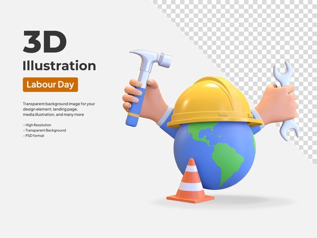 Mano che tiene gli strumenti di costruzione e il casco sulla terra la giornata del lavoro illustrazione 3d rendering