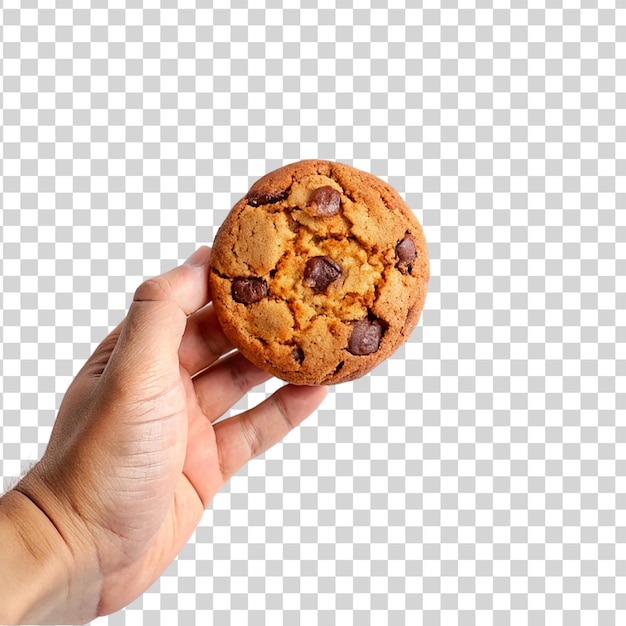 PSD hand holding on cookie isolated on transparent background