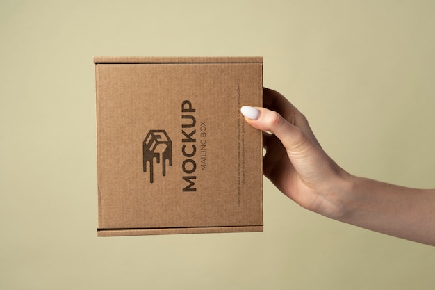 Hand holding delivery box mockup