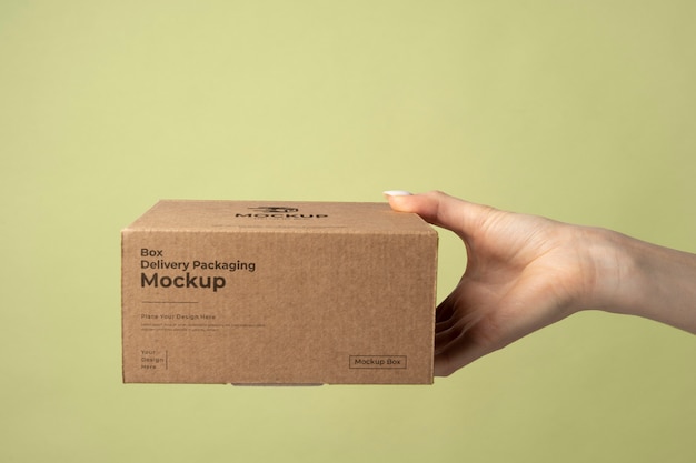 PSD hand holding delivery package mockup