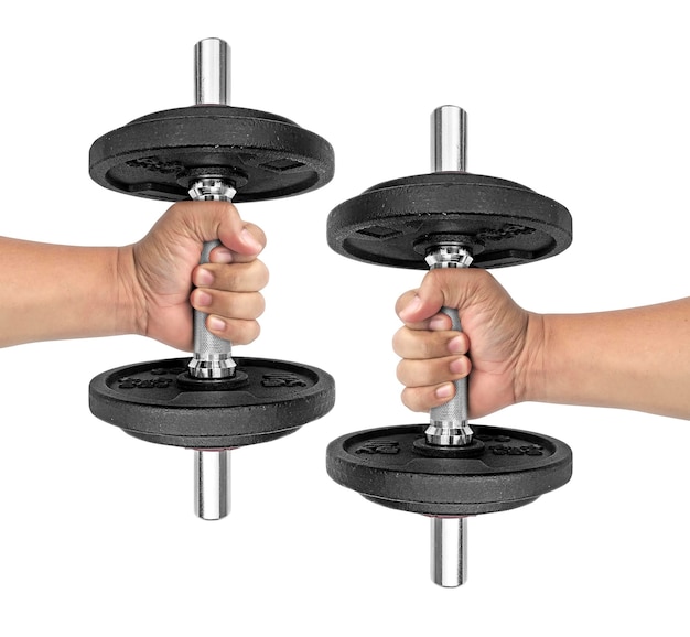 PSD hand holding dumbell transparent background