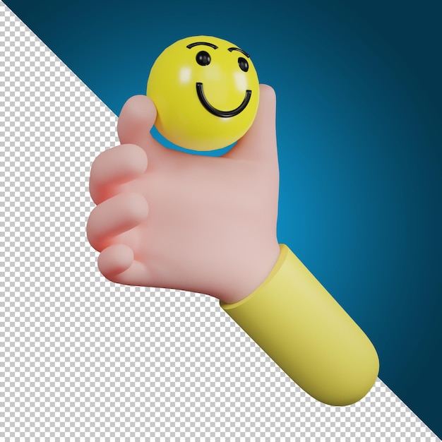 PSD Рука, держащая символ значка эмоции. значок улыбки, значок социальных сетей, 3-я иллюстрация