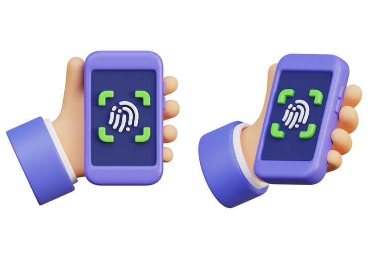 PSD hand holding a fingerprint recognition phone 3d graphic