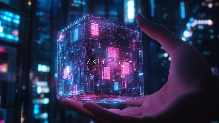 PSD hand holding futuristic glowing data cube