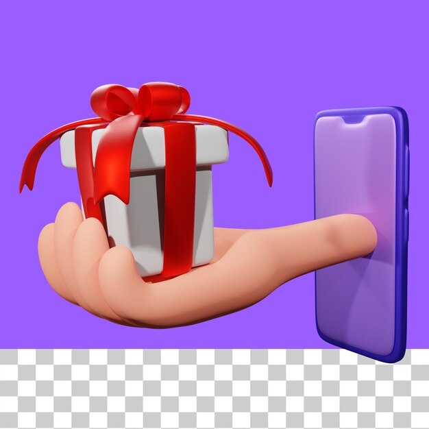 Hand holding a gift box on device 3d illustration