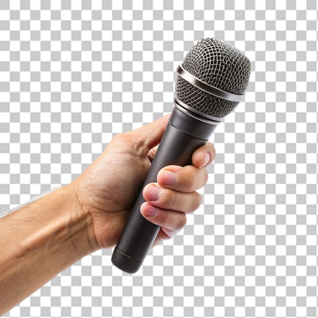 PSD hand holding giving microphone isolated on transparent background