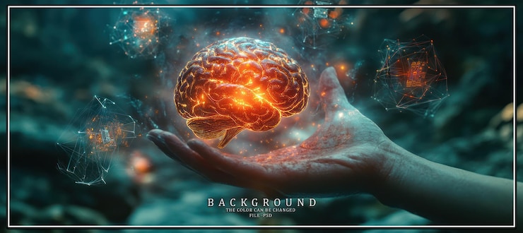 PSD hand holding glowing brain with abstract network