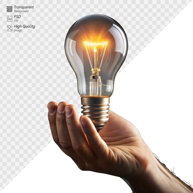 PSD hand holding a glowing light bulb on a clear background