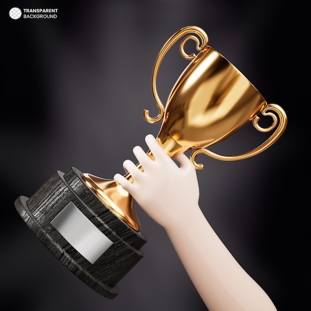 PSD hand holding golden champion cup trophy isolated