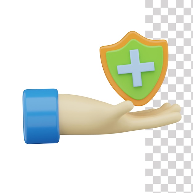 A hand holding a green plus sign and a green shield with a plus sign on it.