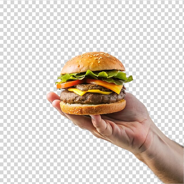Hand holding a hamburger on a transparent background