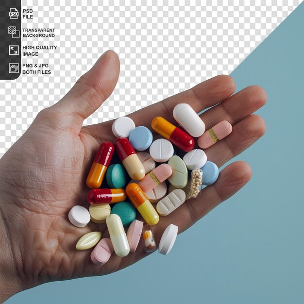 PSD hand holding heap of pills isolated on transparent background