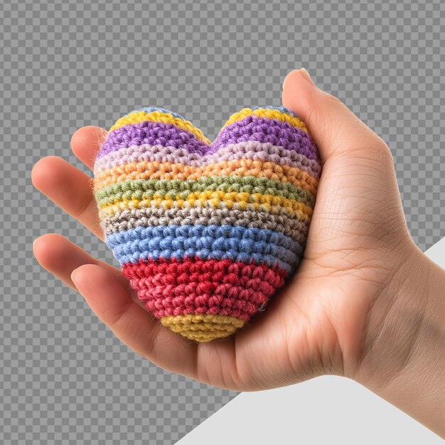 PSD hand holding heart crochet png isolato su sfondo trasparente