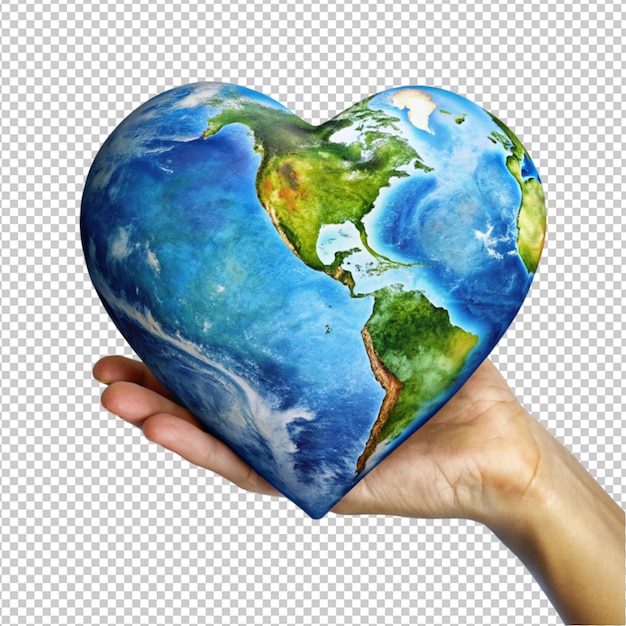 PSD hand holding heart shape earth on transparent background