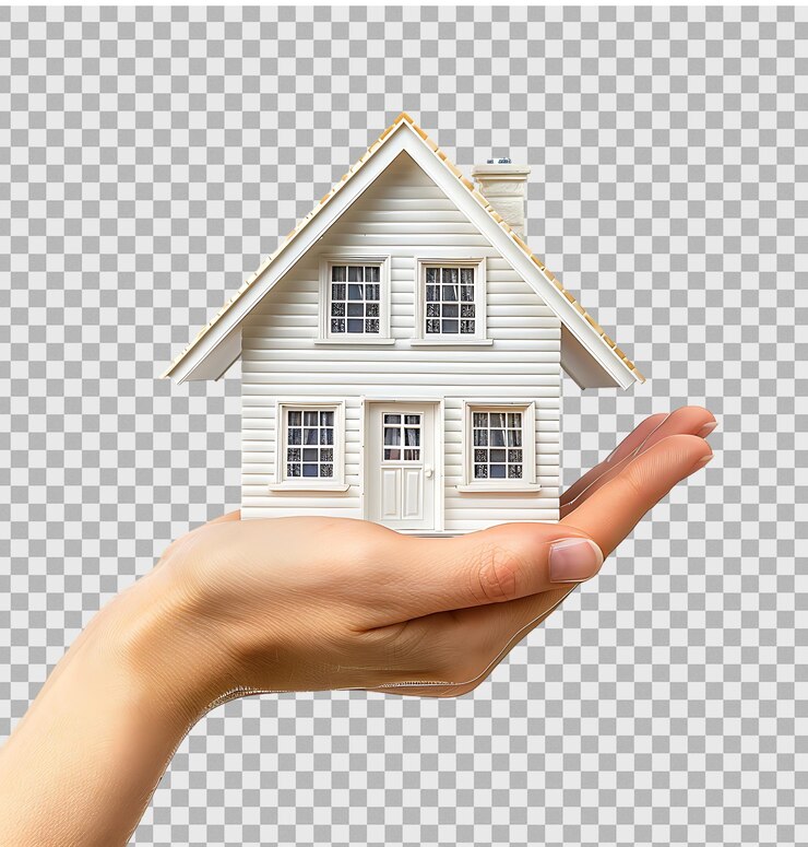 Hand holding a house on isolated transparent background
