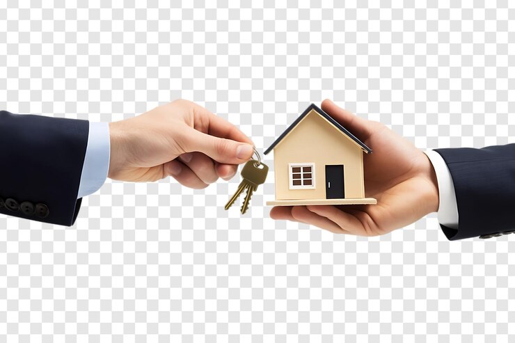 PSD hand holding house keys with keychain isolated on transparent background