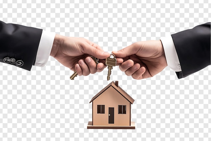 PSD hand holding house keys with keychain isolated on transparent background