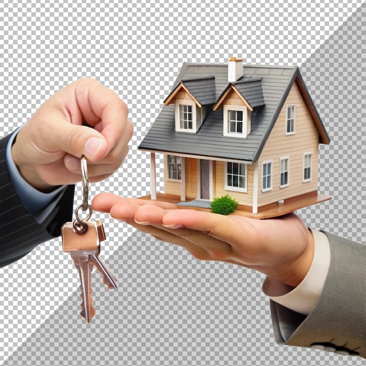 PSD hand holding house model with key on transparent background suitable for real estate concepts