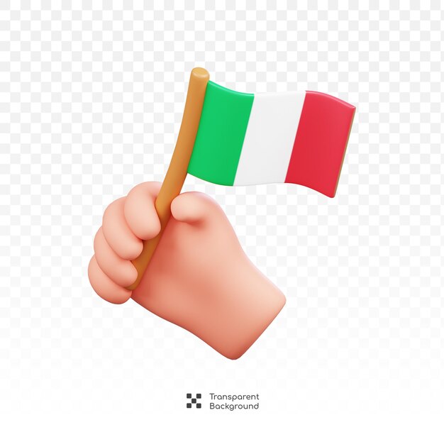 Tenendo per mano la bandiera italiana simboli isolati icone e cultura dell'italia rendering 3d