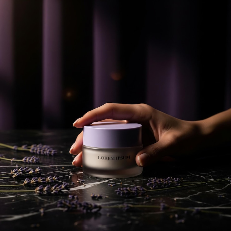 PSD hand holding a lavenderscented skincare jar on a marble surface mockup