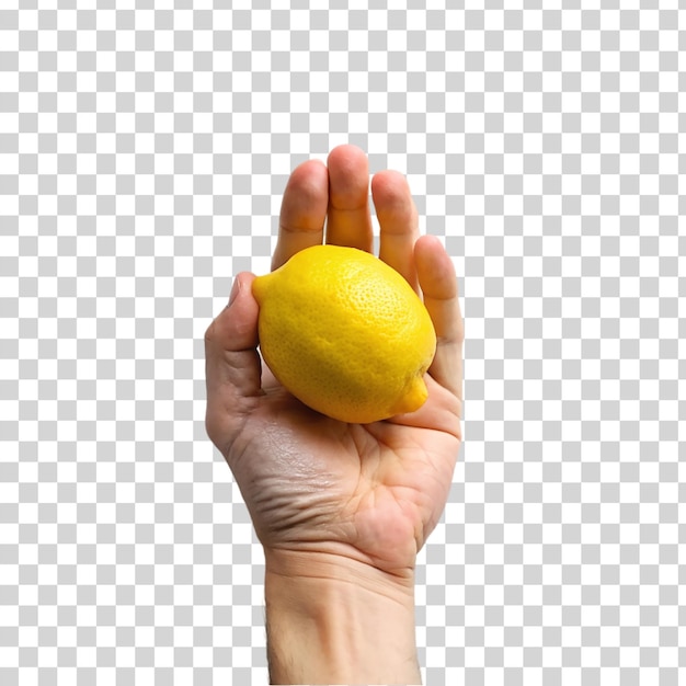 PSD hand holding a lemon isolated on transparent background