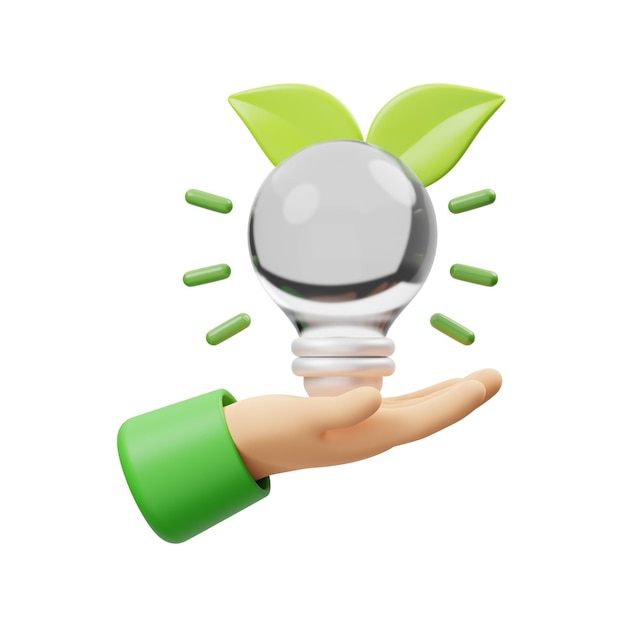 PSD a hand holding a light bulb that has a green leaf on it.
