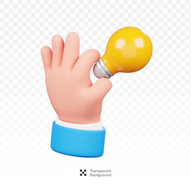 Hand holding lightbulb isolato icona di cartone animato 3d con gesto della mano umana illustrazione