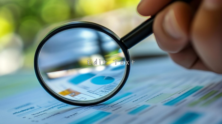PSD hand holding magnifying glass over financial charts