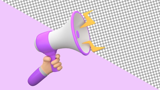 A hand holding a megaphone with a purple handle and yellow lightning bolts on the bottom.