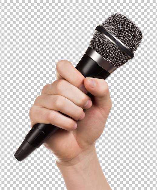 PSD hand holding microphone isolated on transparent background