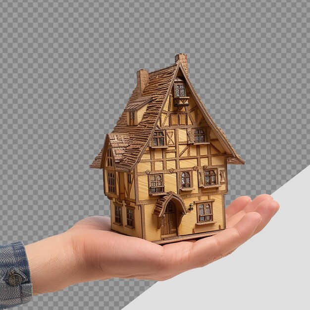PSD hand holding miniature house png isolated on transparent background