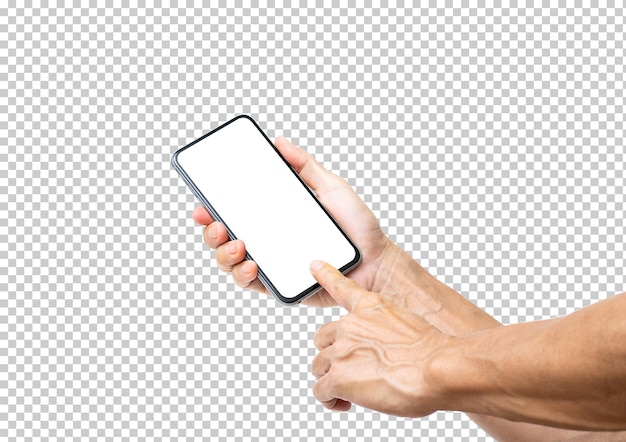 Hand holding mobile phone isolated