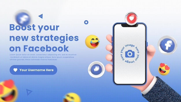 Facebook web バナー テンプレートの 3 d モックアップの周りにモバイル スマート フォン facebook アイコンを持っている手
