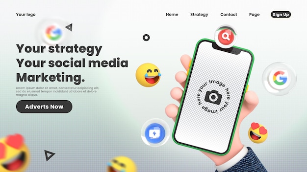 Hand holding mobile smart phone google icons around 3d mockup for google landing page template