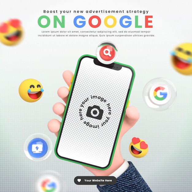 Hand holding mobile smart phone google icons around 3d mockup for google post template