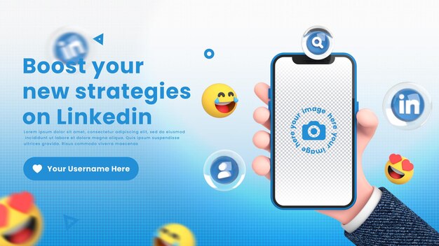 Hand holding mobile smart phone linkedin icons around 3d mockup for linkedin web banner template